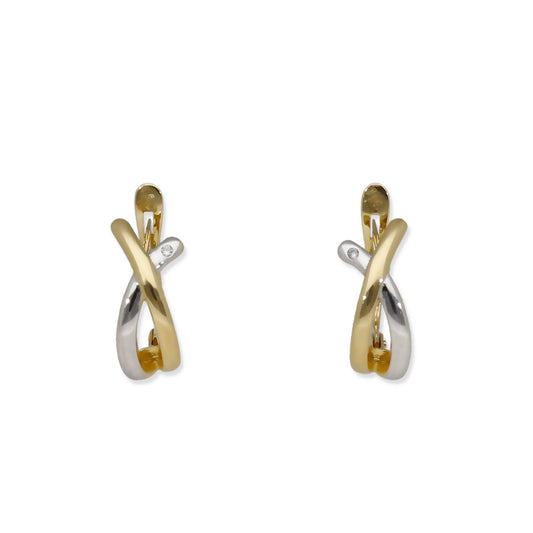 Pendientes Medio Aro en Oro de Ley 18K Bicolor Entrelazado con Diamante