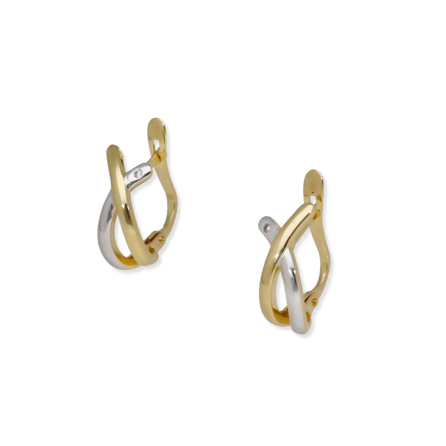 Pendientes Medio Aro en Oro de Ley 18K Bicolor Entrelazado con Diamante