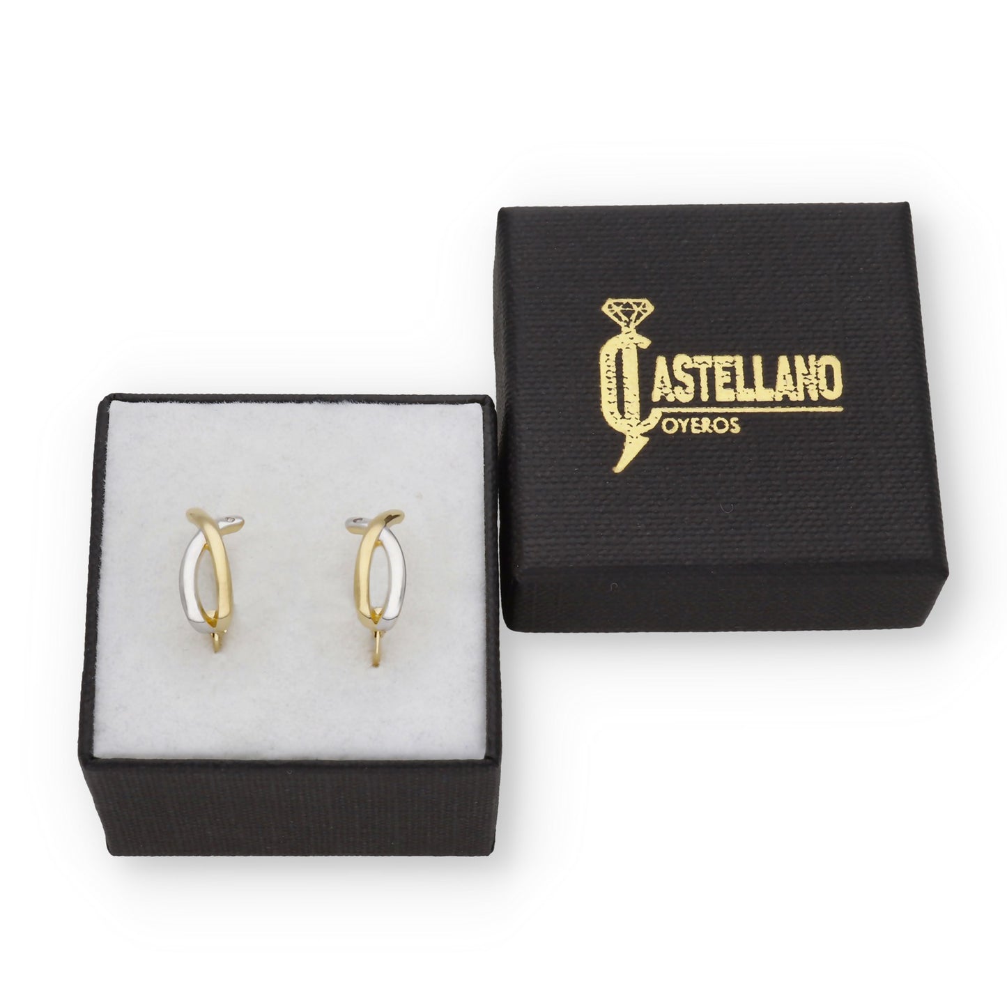 Pendientes Medio Aro en Oro de Ley 18K Bicolor Entrelazado con Diamante