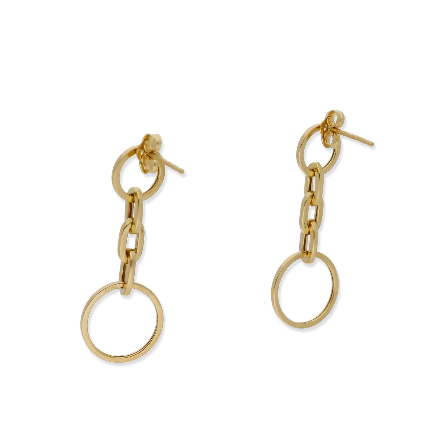 Pendientes Doble Círculo y Cadena en Oro de Ley 18K