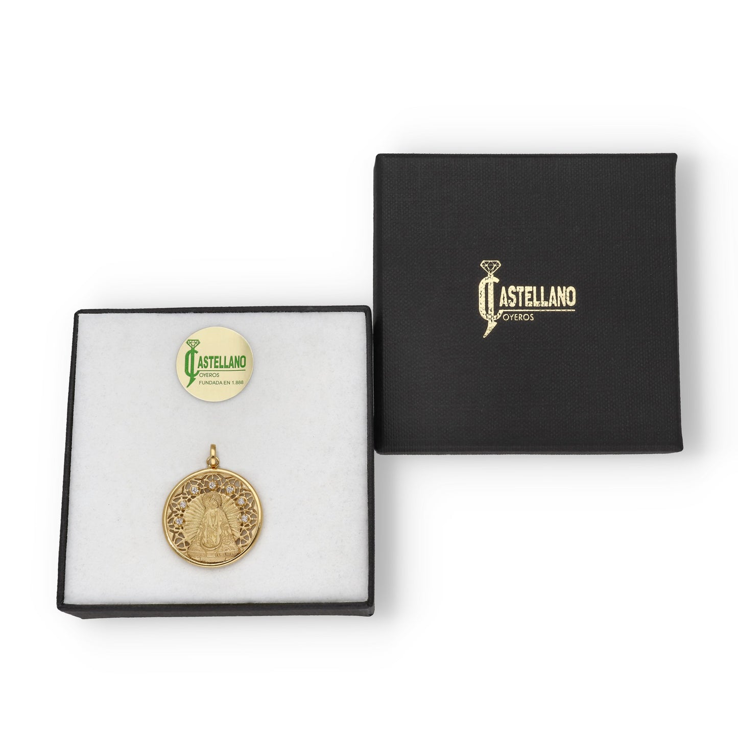 Medalla Virgen de la Soledad en Plata Bañada en Oro 18K con Circonitas 22mm