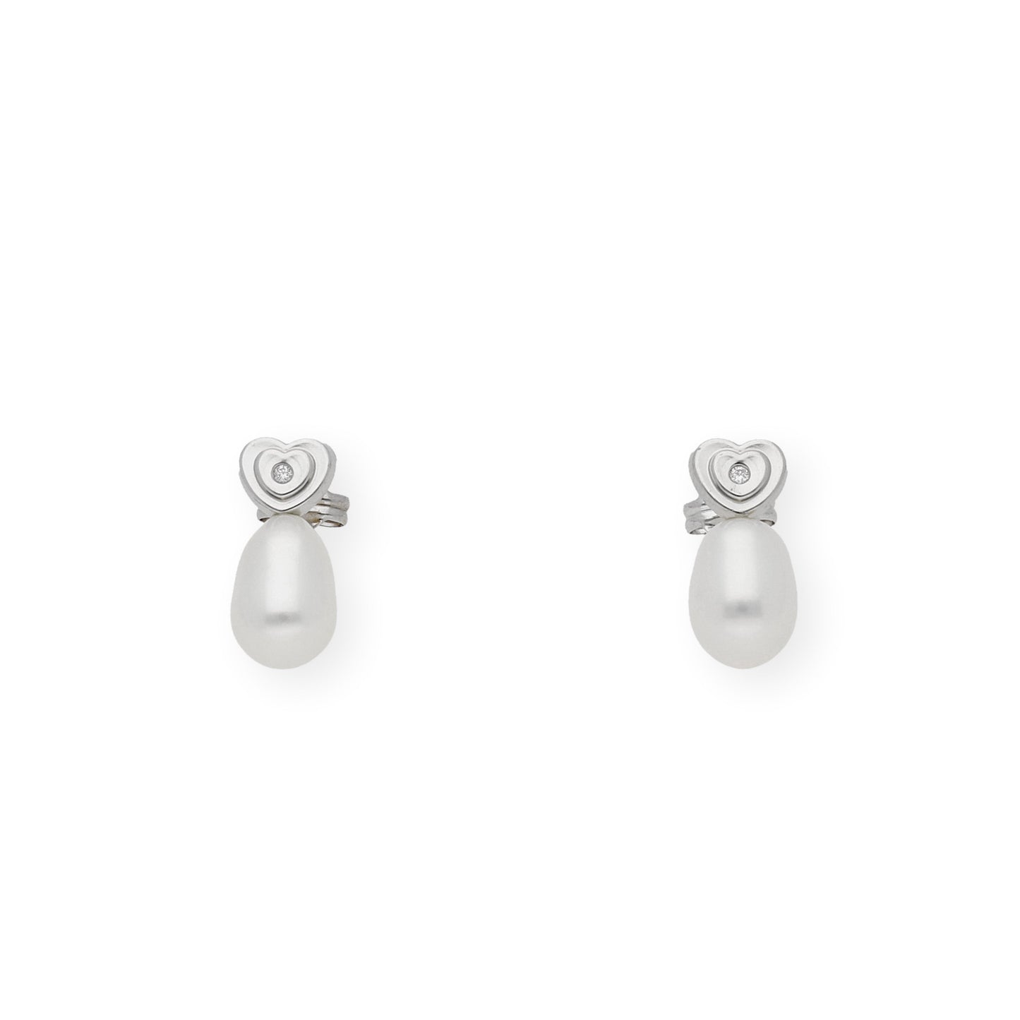 Pendientes Corazón en Oro Blanco 18k con Diamantes y Perlas