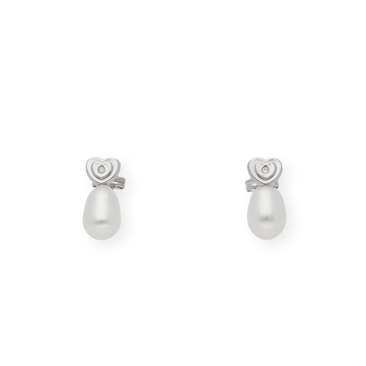 Pendientes Corazón en Oro Blanco 18k con Diamantes y Perlas