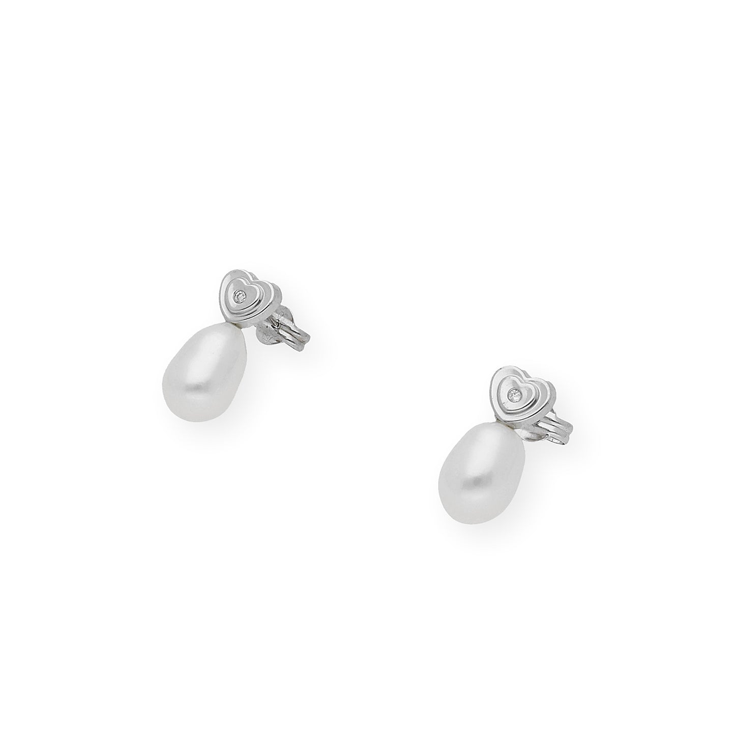 Pendientes Corazón en Oro Blanco 18k con Diamantes y Perlas