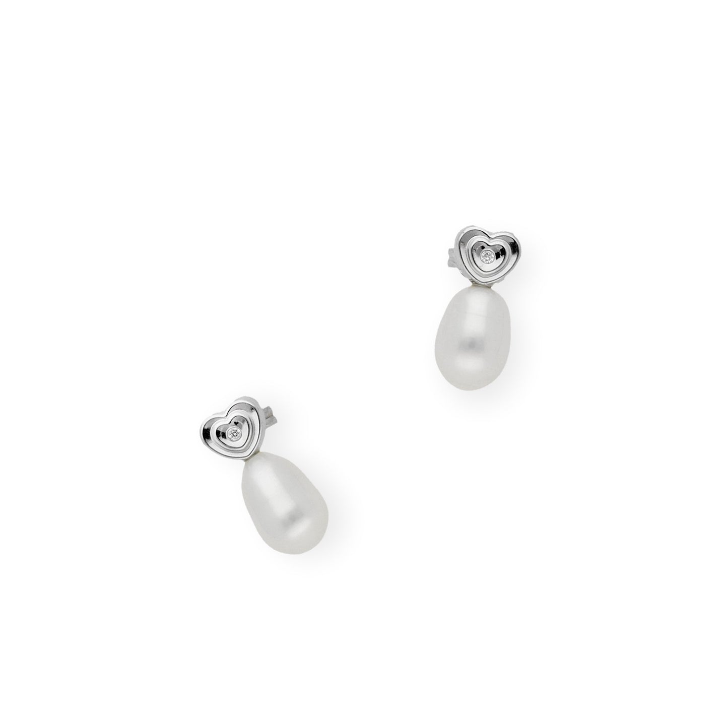 Pendientes Corazón en Oro Blanco 18k con Diamantes y Perlas