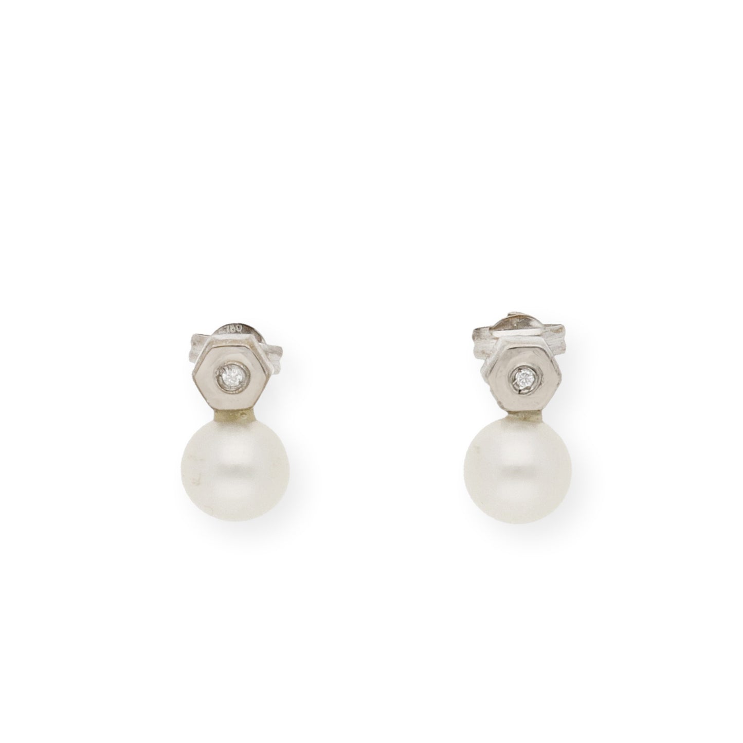 Pendientes de Oro hexagonal con Diamante y Perlas
