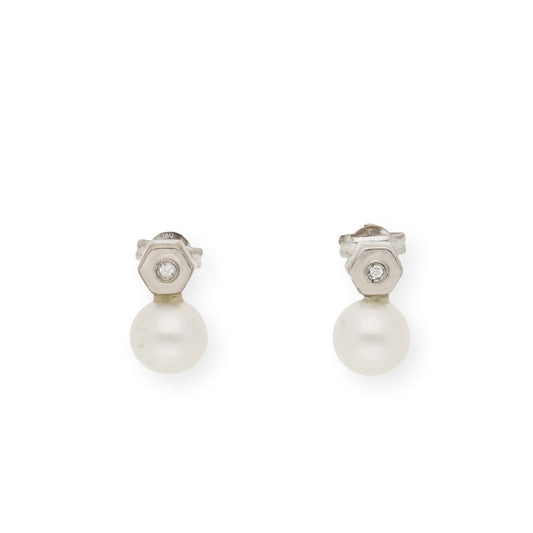 Pendientes de Oro hexagonal con Diamante y Perlas