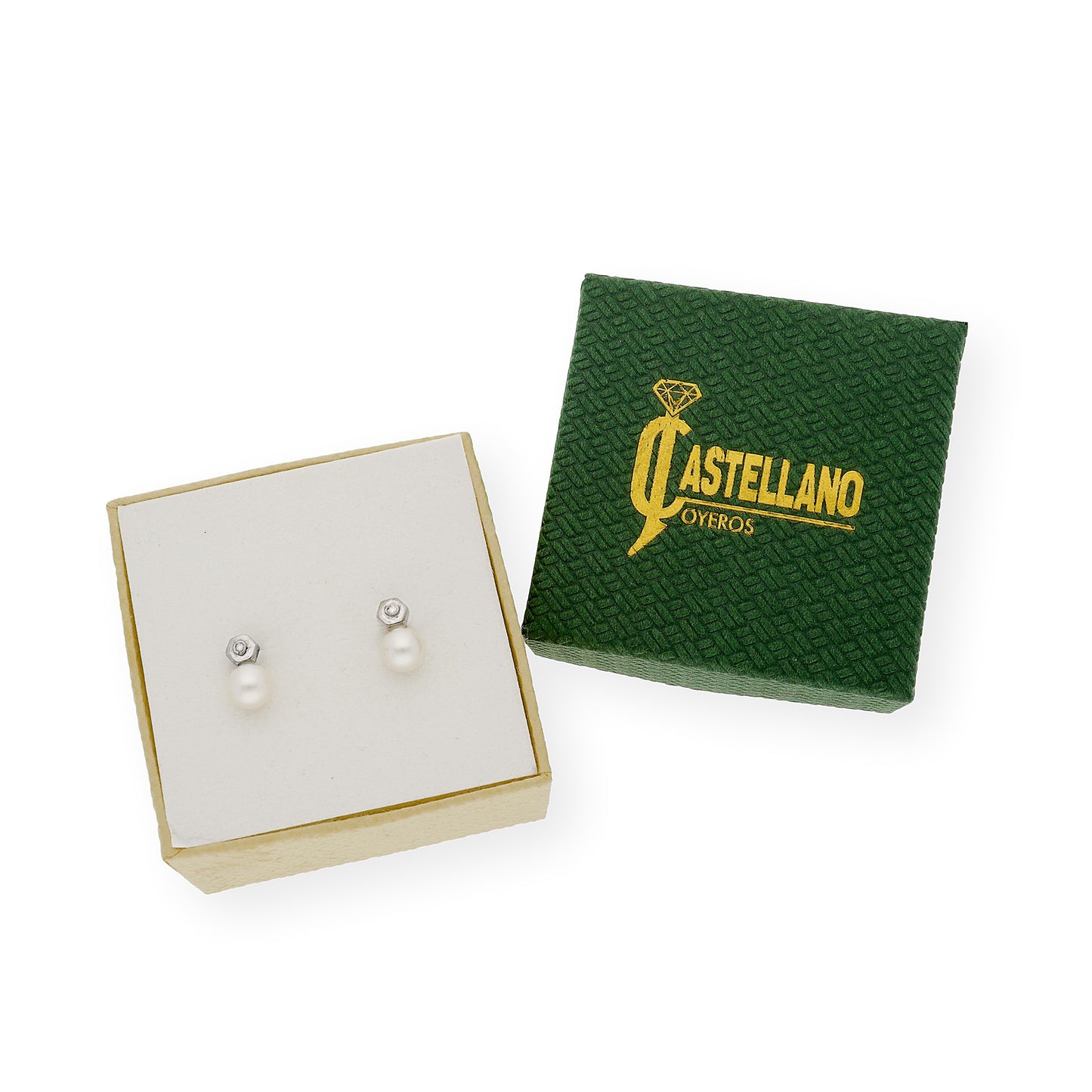 Pendientes de Oro hexagonal con Diamante y Perlas