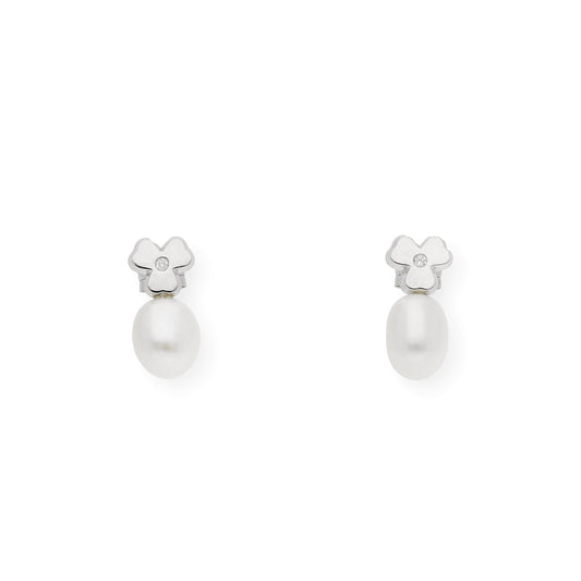 Pendientes trébol de Oro con Diamante y Perlas