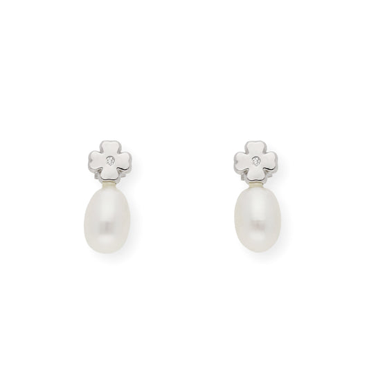 Pendientes trébol de Oro con Diamante y Perlas