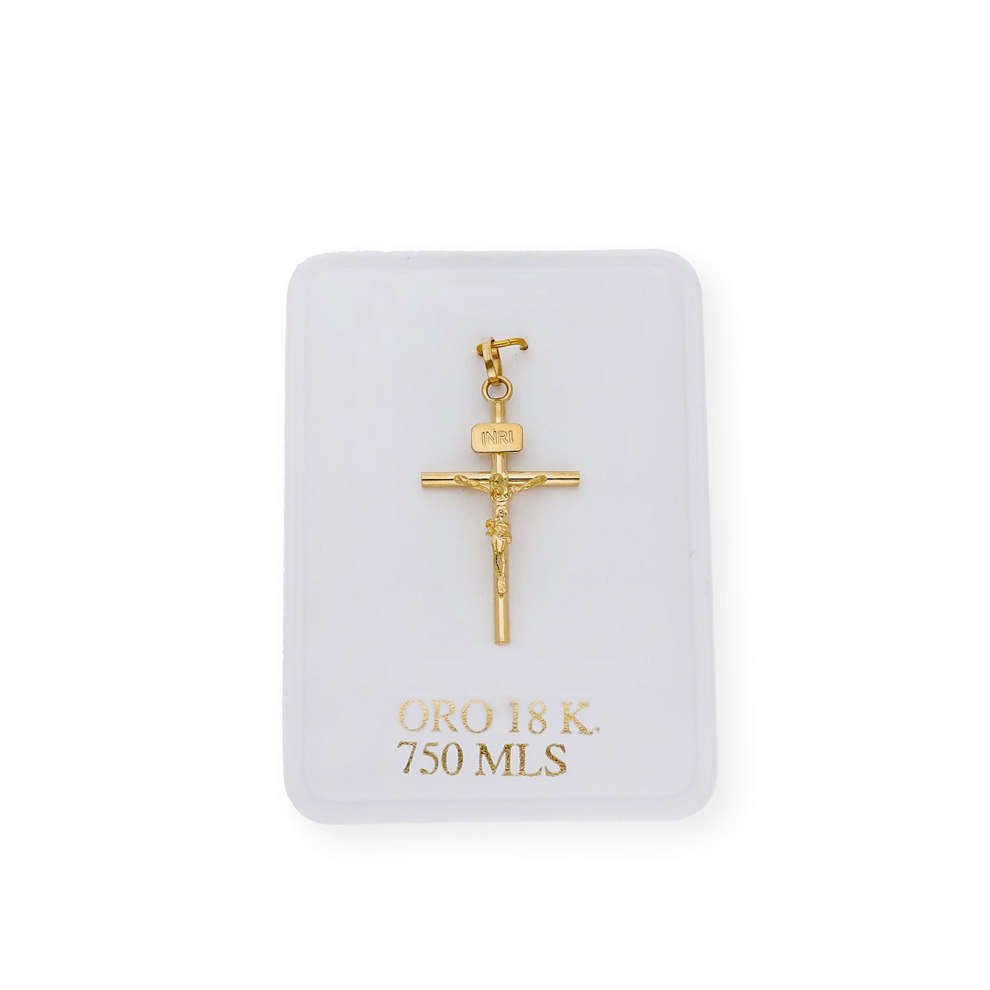 Colgante Pequeña Cruz Tubo con Cristo en Oro 18K