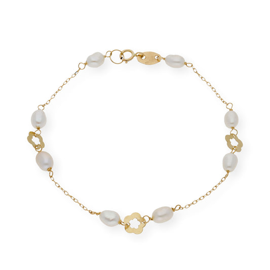 Pulsera de Perlas Barrocas y Flor de Oro de Ley 18k para Comunión