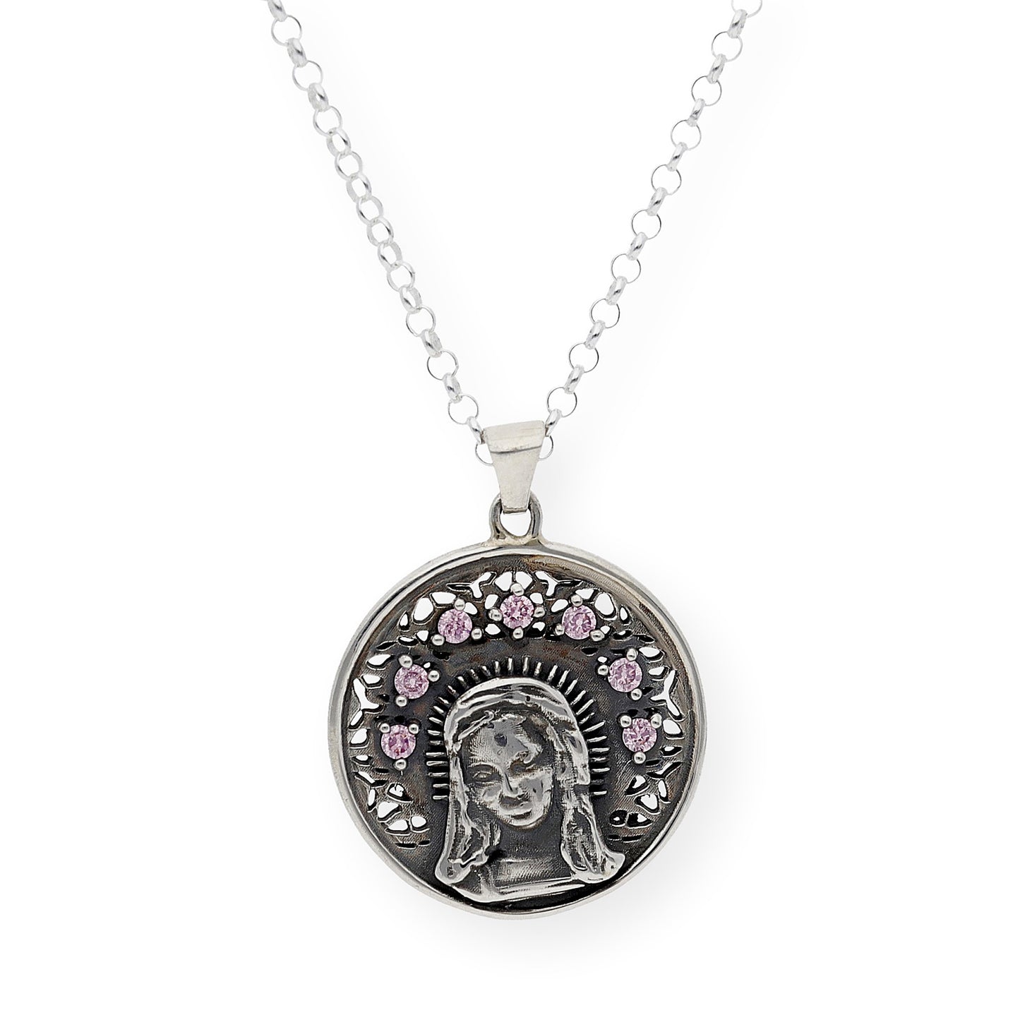 Medalla de La Virgen Niña en Plata de Ley y Cristal de Swarovski Rosa