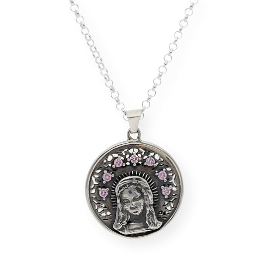 Medalla de La Virgen Niña en Plata de Ley y Cristal de Swarovski Rosa