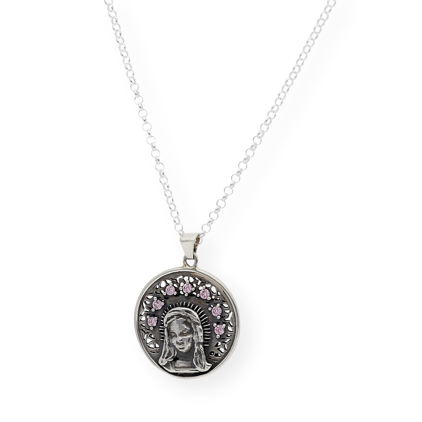 Medalla de La Virgen Niña en Plata de Ley y Cristal de Swarovski Rosa