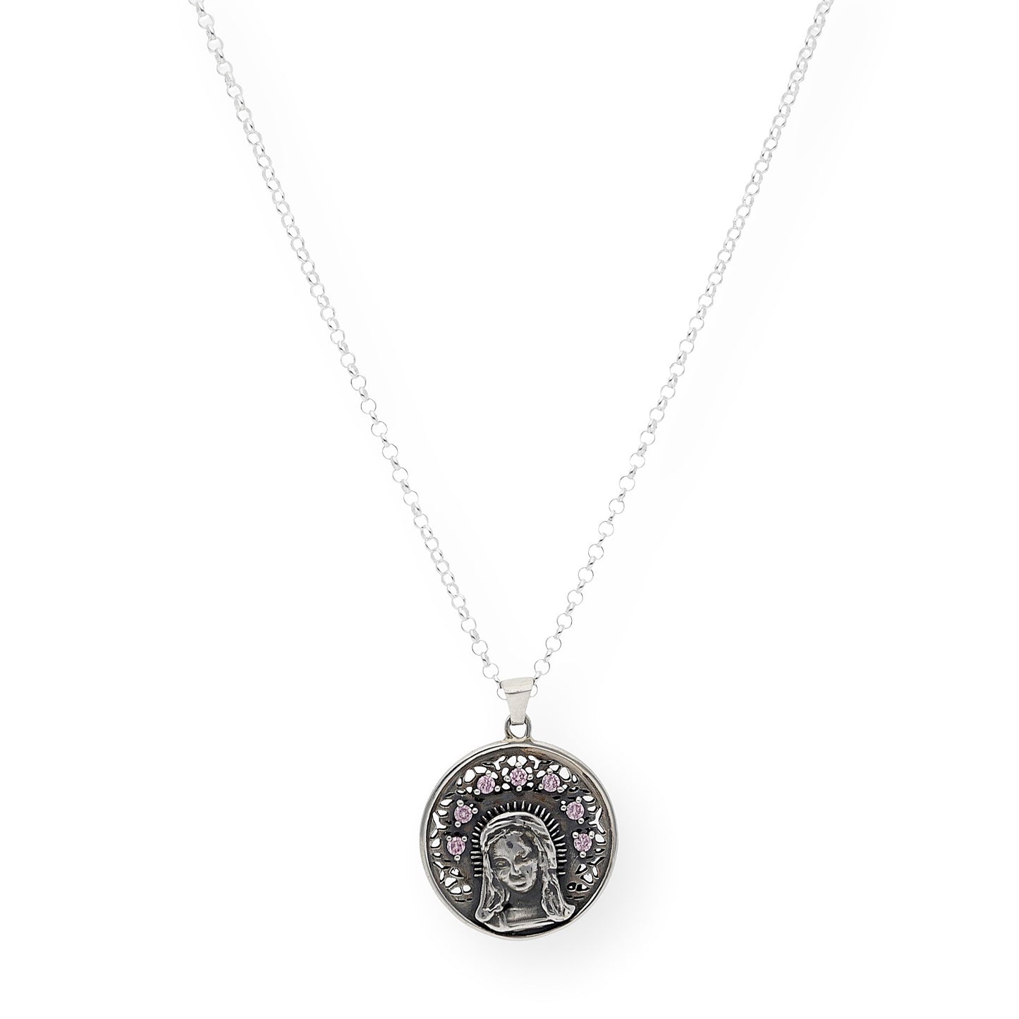 Medalla de La Virgen Niña en Plata de Ley y Cristal de Swarovski Rosa