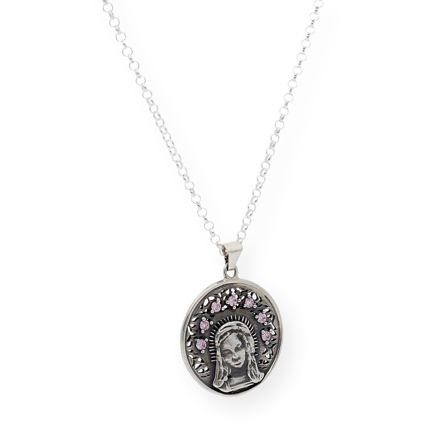 Medalla de La Virgen Niña en Plata de Ley y Cristal de Swarovski Rosa