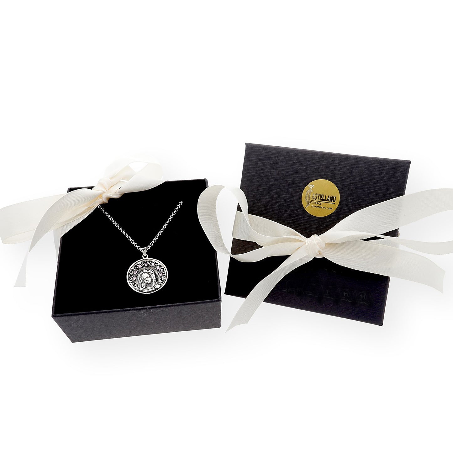 Medalla de La Virgen Niña en Plata de Ley y Cristal de Swarovski Rosa