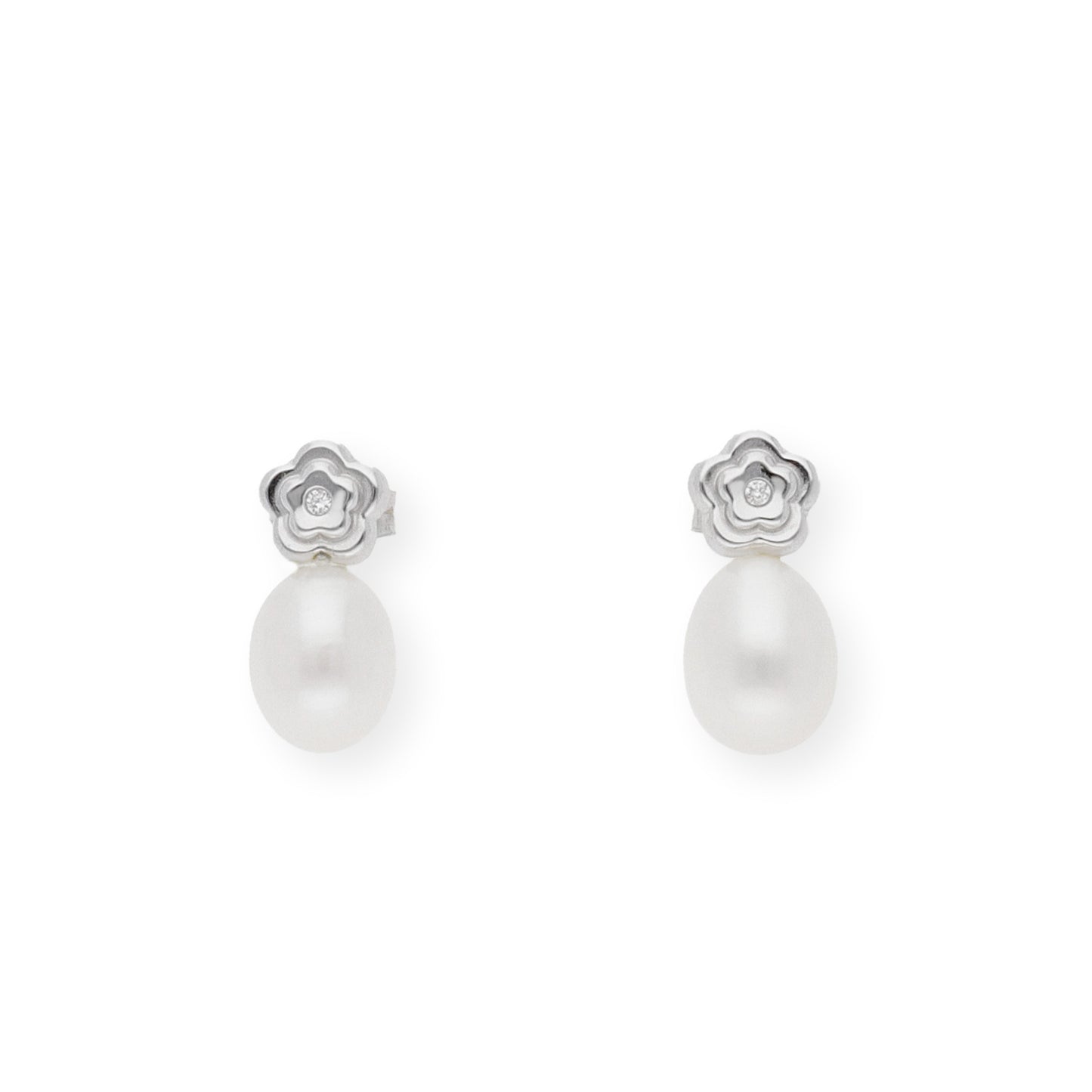 Pendientes flor de Oro Blanco 18k con Diamantes y Perlas