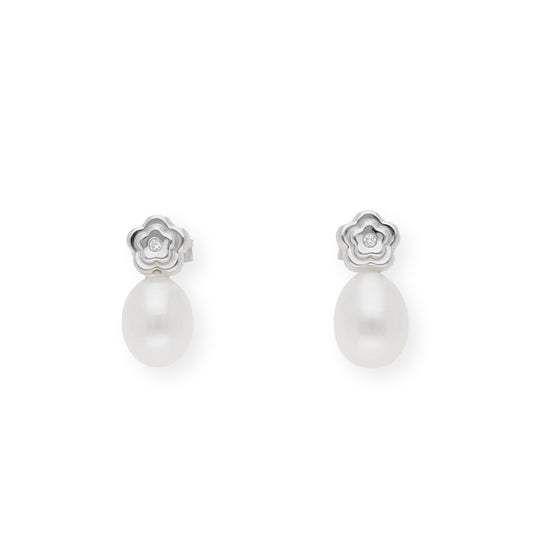Pendientes flor de Oro Blanco 18k con Diamantes y Perlas