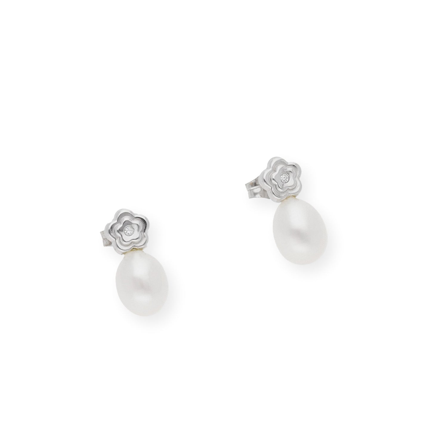 Pendientes flor de Oro Blanco 18k con Diamantes y Perlas