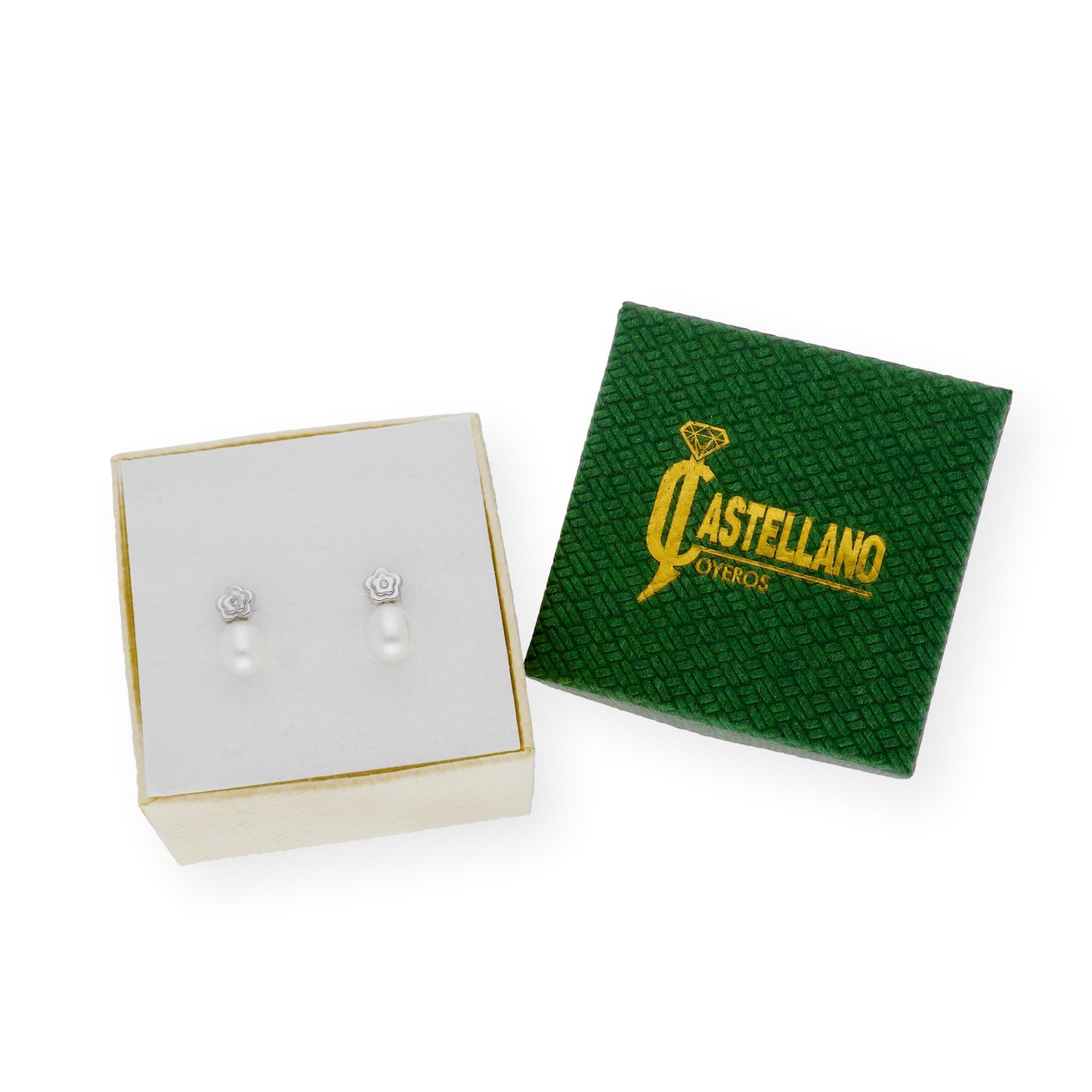 Pendientes flor de Oro Blanco 18k con Diamantes y Perlas
