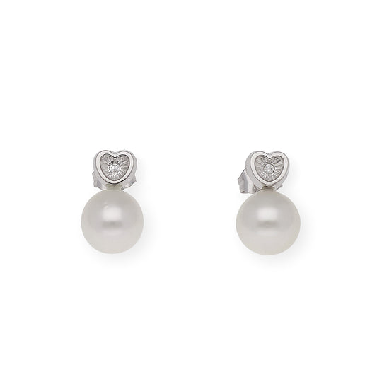 Pendientes corazón tallado de Oro Blanco 18k con Diamantes y Perlas