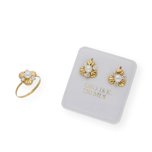 Conjunto Alba de Pendientes y Sortija en Oro 18k, perlas y circonitas