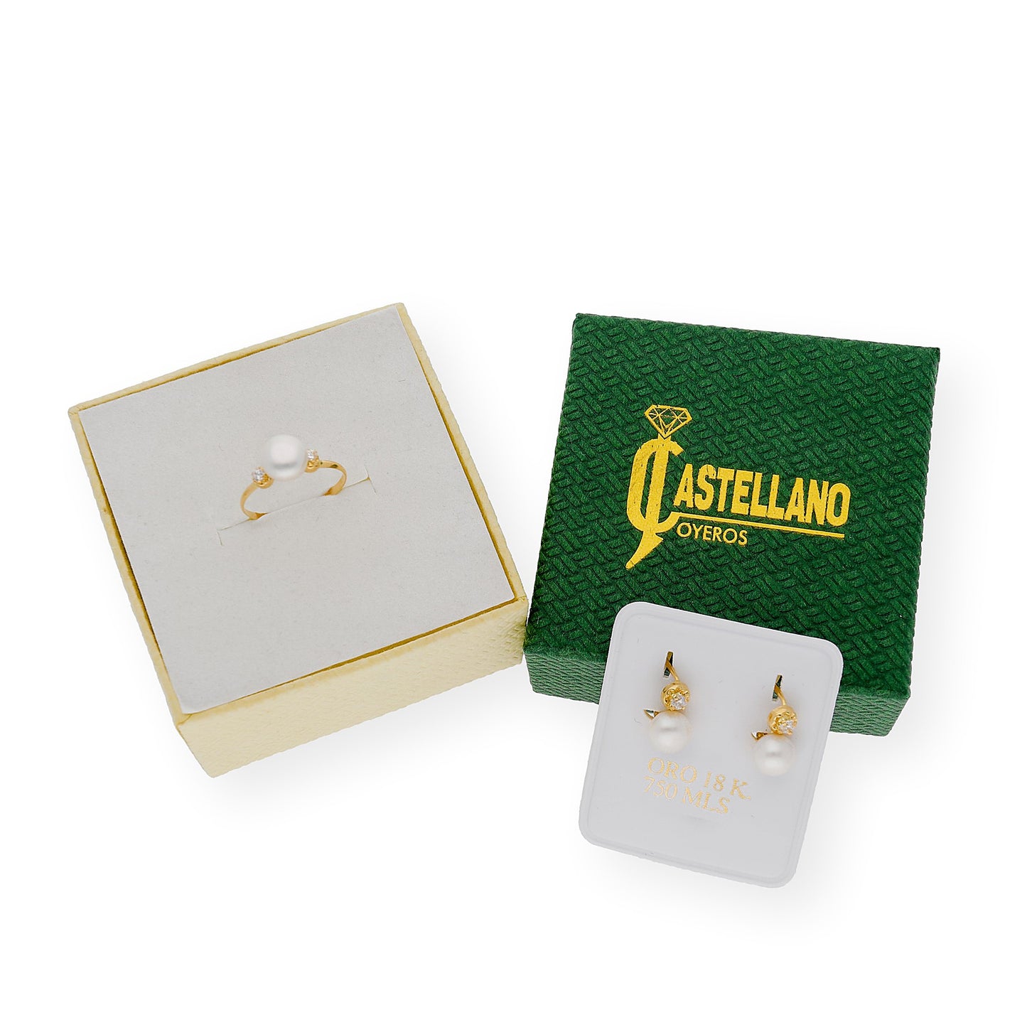 Conjunto Clara de pendientes y sortija en Oro 18k Perlas y Circonitas