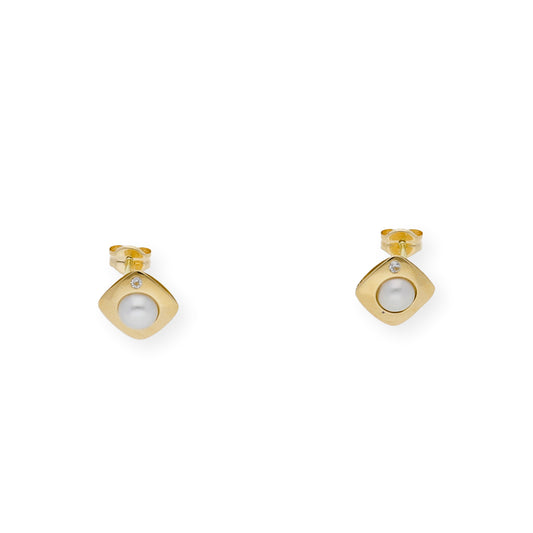 Pendientes cuadrado con perlas y circonitas oro 18k
