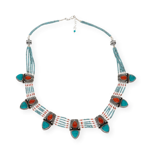 Collar Jára Étnico Tibetano plata de Ley 925 con Turquesas y Corales
