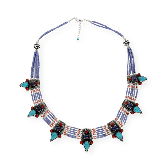 Collar Luriel Étnico Tibetano plata de Ley 925 con Lapislázulis Turquesas y Corales