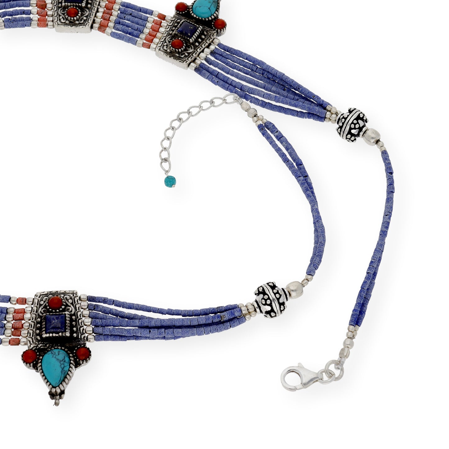 Collar Luriel Étnico Tibetano plata de Ley 925 con Lapislázulis Turquesas y Corales