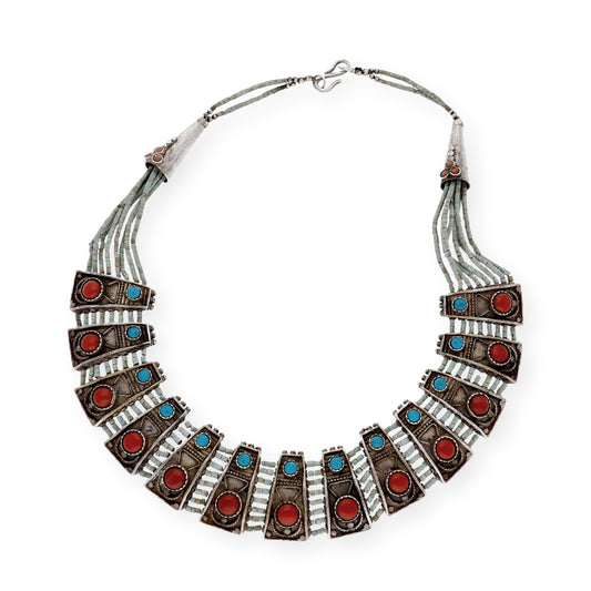 Collar Inka Étnico Tibetano plata de Ley 925 con Turquesas y Corales