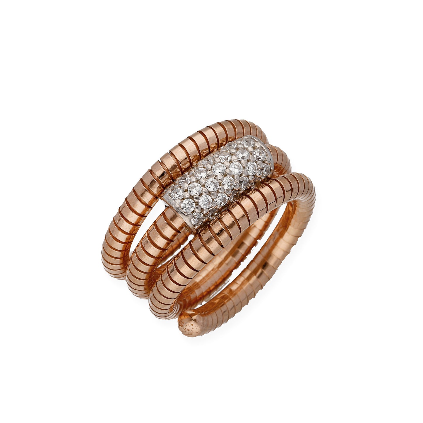 Anillo Triple Tubo de Gas en Plata 925 con Baño de Oro Rosa 18k y Circonitas