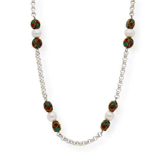 Collar Telmo Étnico Tibetano plata de Ley 925 con Perlas Turquesas y Corales