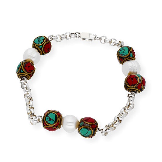 Pulsera Jola Étnico Tibetano plata de Ley 925 con Perlas Turquesas y Corales