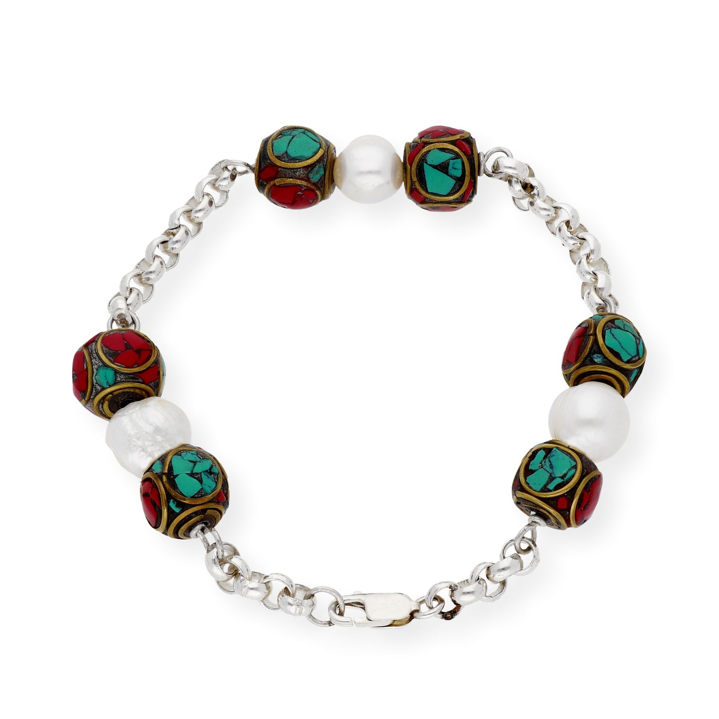 Pulsera Jola Étnico Tibetano plata de Ley 925 con Perlas Turquesas y Corales