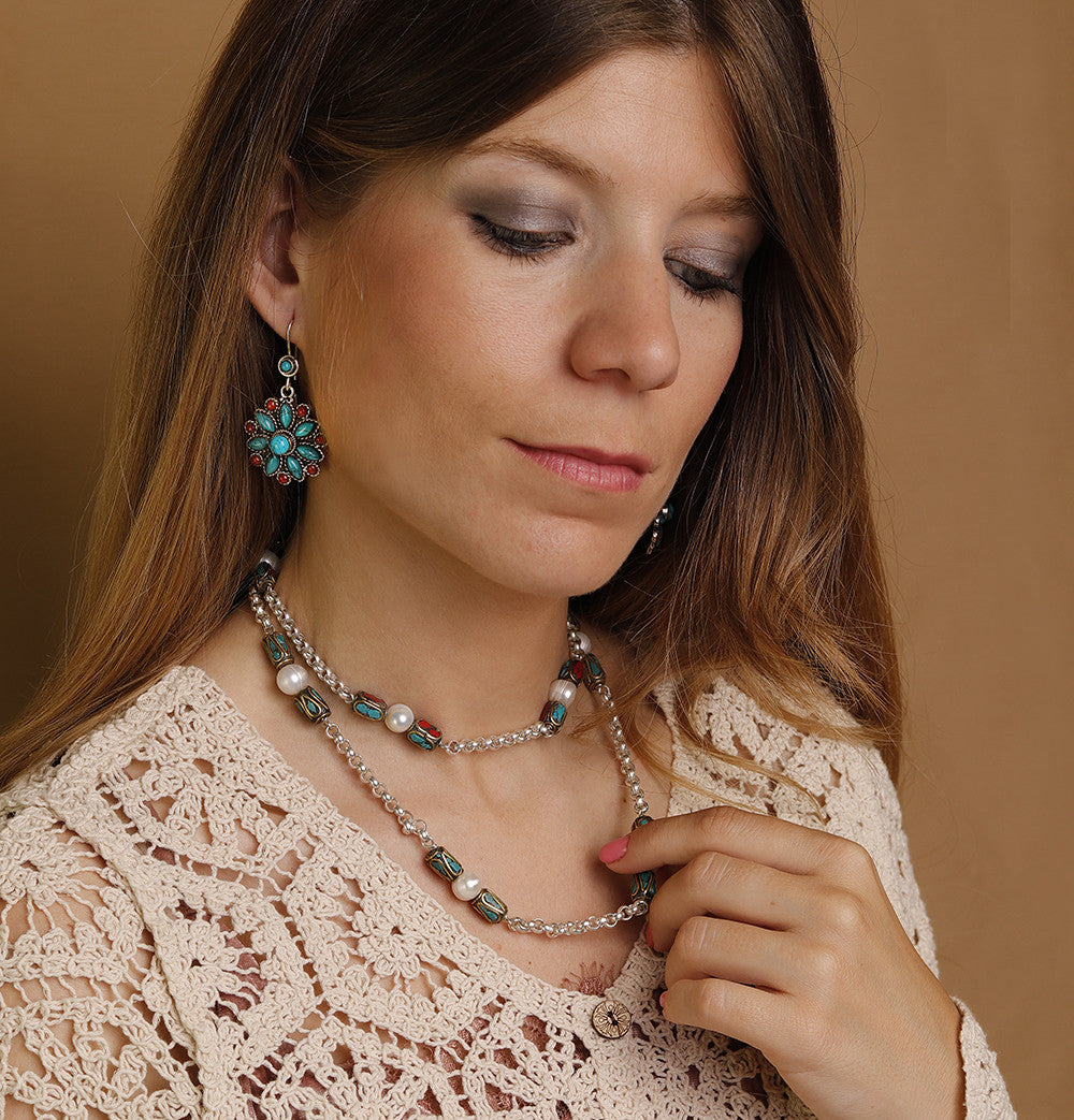 Collar Telmo Étnico Tibetano plata de Ley 925 con Perlas Turquesas y Corales