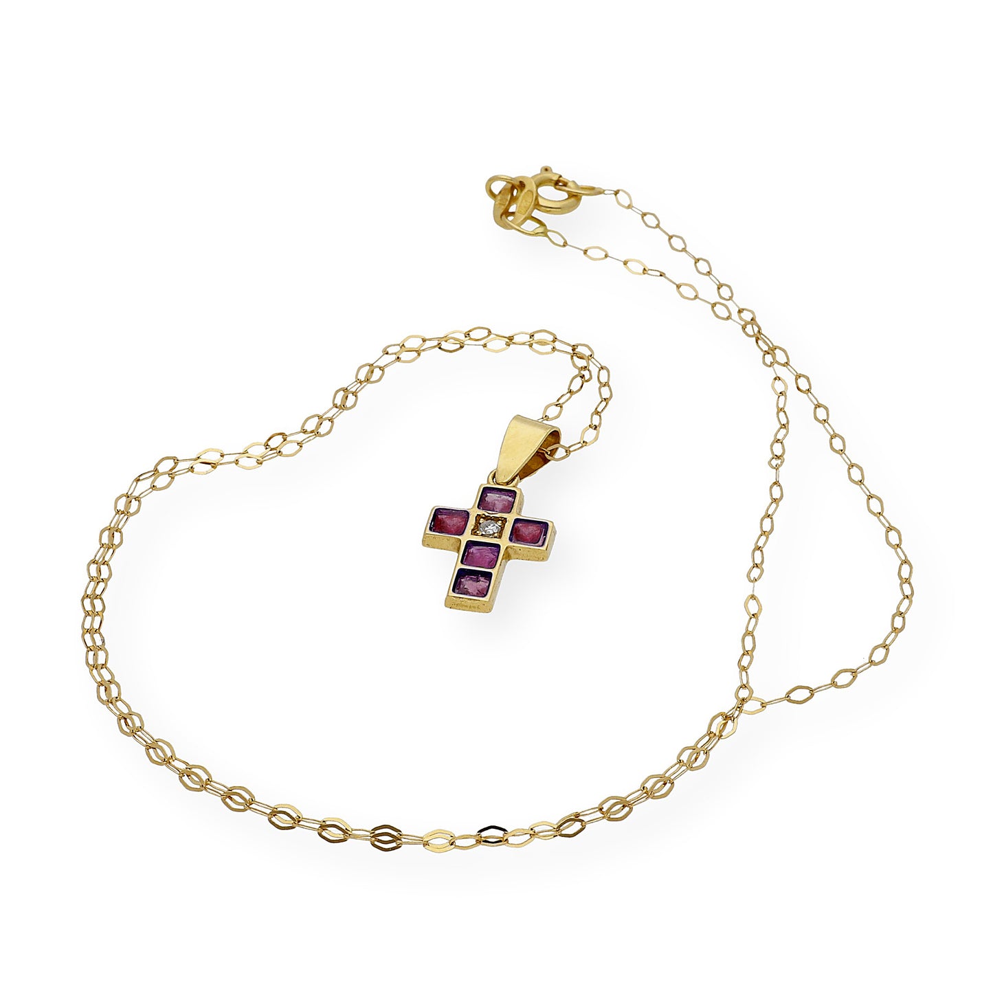 Collar con Colgante de Cruz con Diamante y Rubíes en Oro 18k