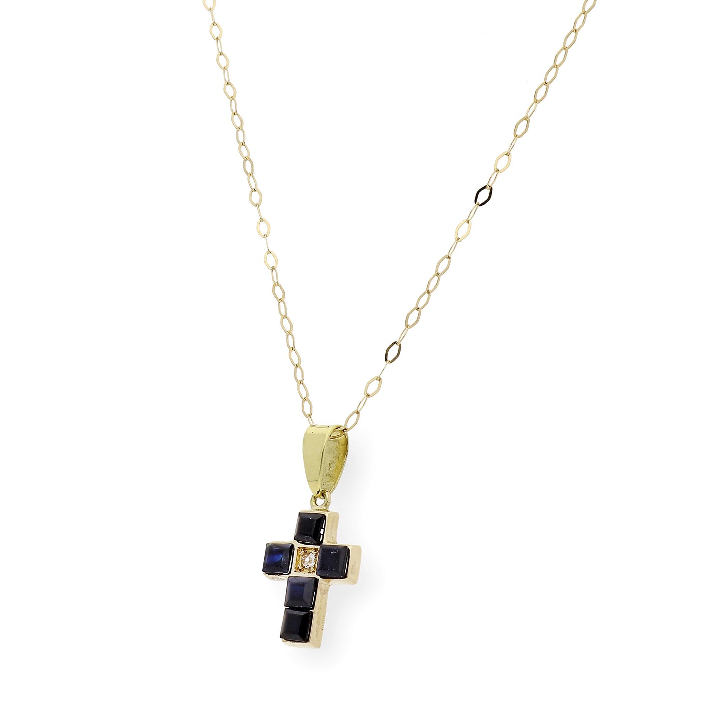 Collar con Colgante de Cruz con Diamante y Zafiros en Oro 18k