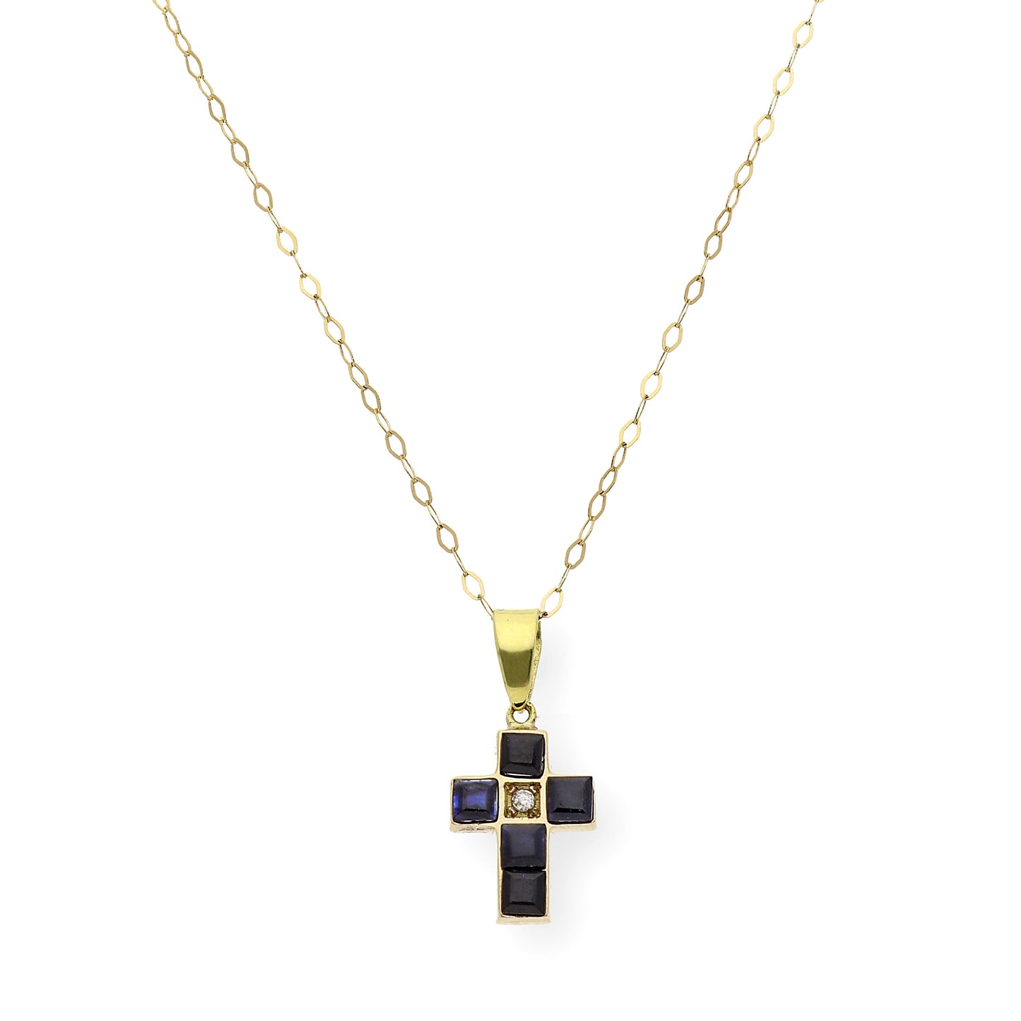 Collar con Colgante de Cruz con Diamante y Zafiros en Oro 18k