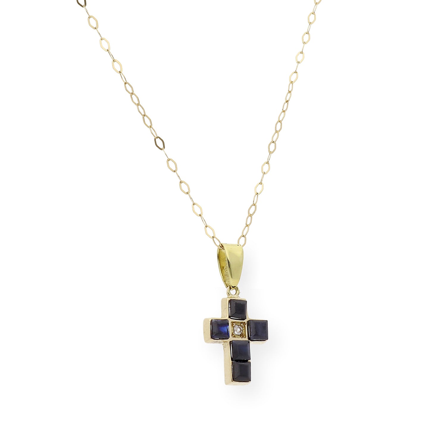 Collar con Colgante de Cruz con Diamante y Zafiros en Oro 18k