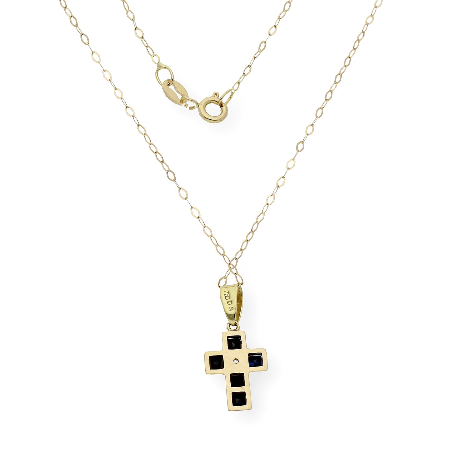Collar con Colgante de Cruz con Diamante y Zafiros en Oro 18k
