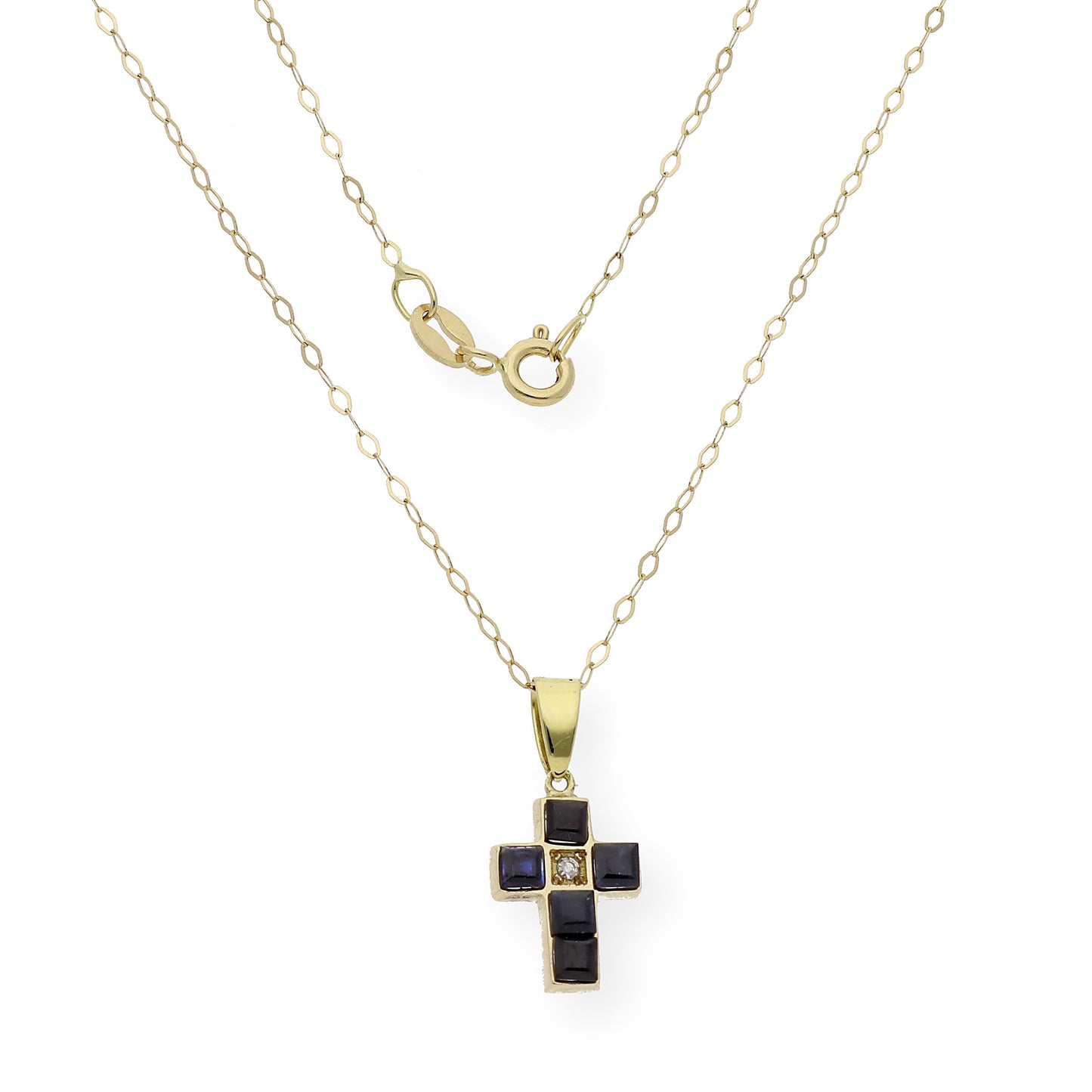 Collar con Colgante de Cruz con Diamante y Zafiros en Oro 18k