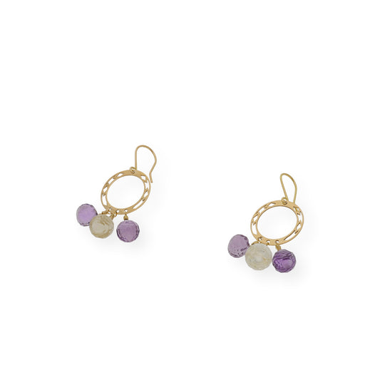 Pendientes Aro Calado con Amatistas y Citrinos en Oro 18 k