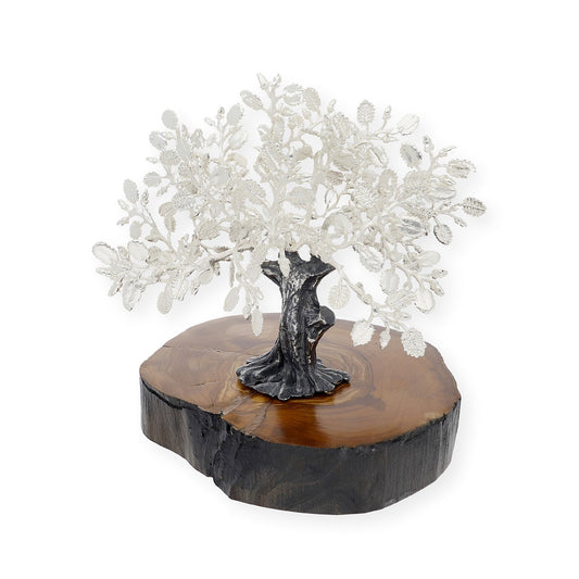 Encina Conmemorativa Personalizable Plateada con Base de Madera Natural Tamaño Pequeño