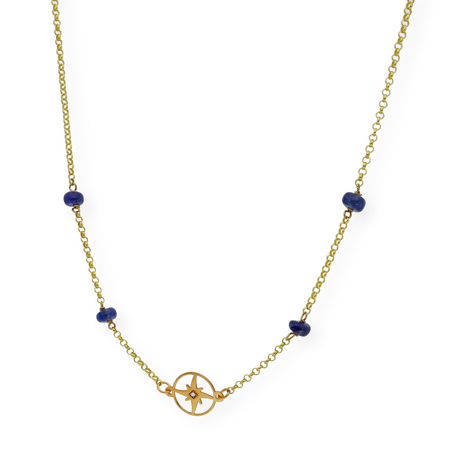 Gargantilla Rosa de los Vientos con Diamante y Zafiros en Oro de Ley 18K