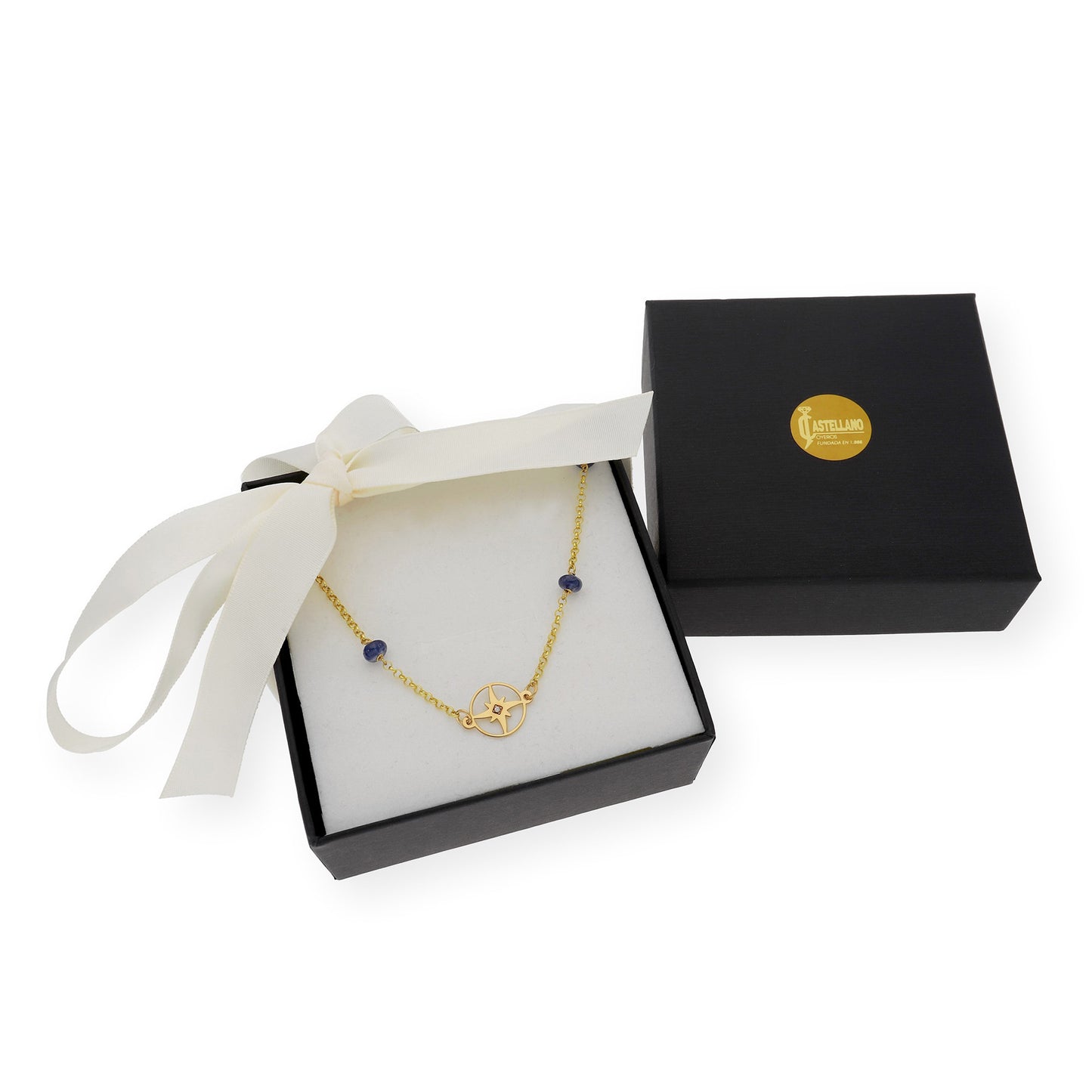Gargantilla Rosa de los Vientos con Diamante y Zafiros en Oro de Ley 18K