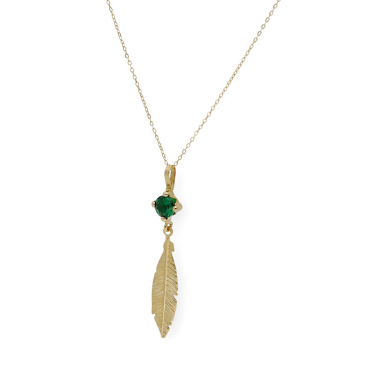 Collar con colgante pluma y Esmeralda sintética oro 18k